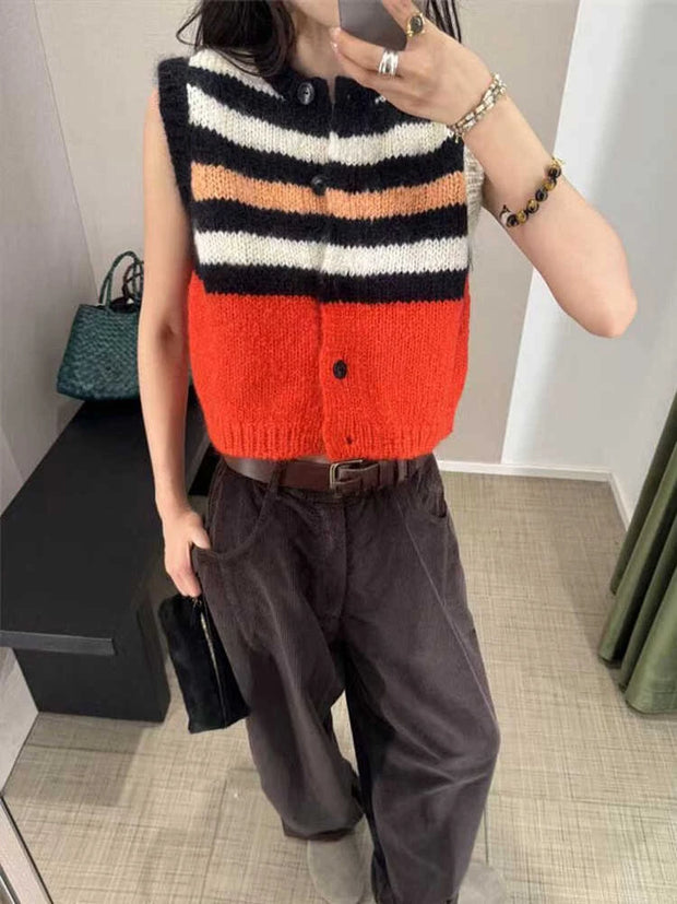 Wool-blend Mohair Striped Color Contrast Vest  Women Knit Top Niche Design Knitted Outfit Chic Sweater