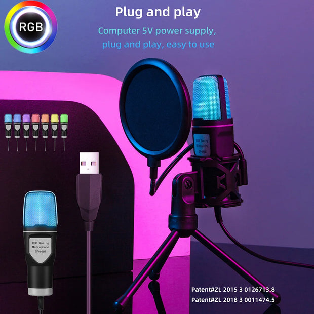 SF-666R condenser microphone RGB seven color luminous microphone with shock mount USB computer game