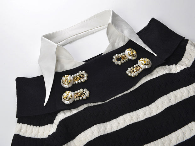 Rock Navy style shirt collar design, nail bead buckle, black and white striped off shoulder knit sweater