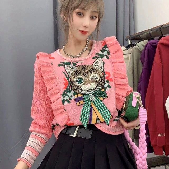 Vintage ruffled edge heavy industry nail bead jacquard sweater women's pullover kitten knitted top sweater