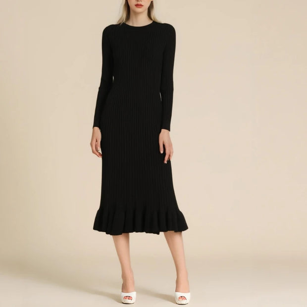 Ribbed-knit Jersey Dress Long Sleeve Ruffle Hem Solid Color Crew Neck Sweater Dress  Knitwear Autumn/Winter Woman Clothing