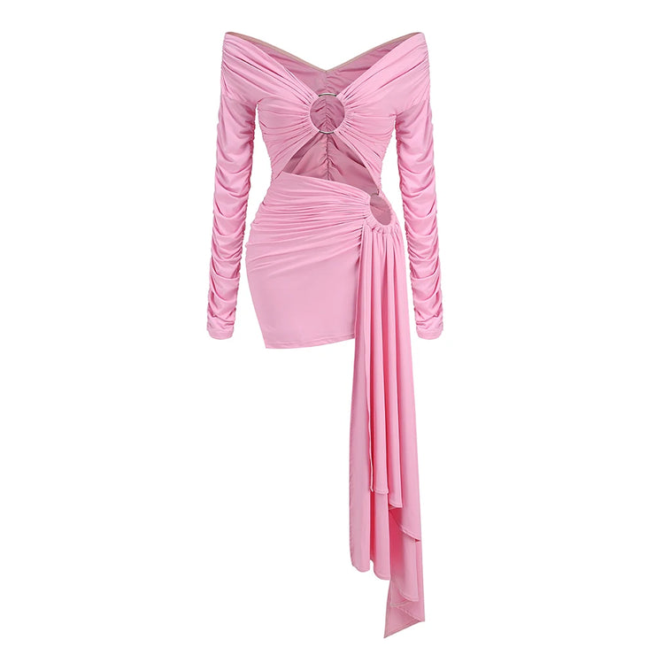 Pink Color Women Long Sleeve Off the Shoulder Sexy Holes Bodycon Mini Dress Draped Nightclub Party Birthday Outfit Vestido