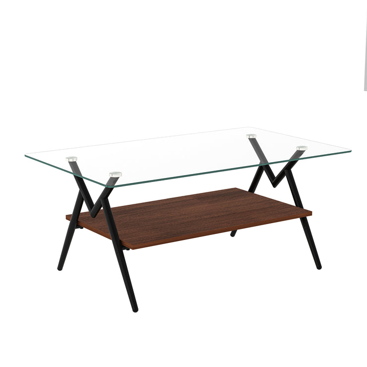 Rectangle Coffee Table with Tempered Glass top and Black Metal Legs, Modern Table for Living Room , Transparent Glass