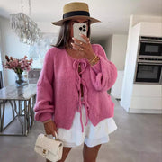 Round neck tie knitted cardigan jacket autumn and winter new style solid color commuting simple sweater for women