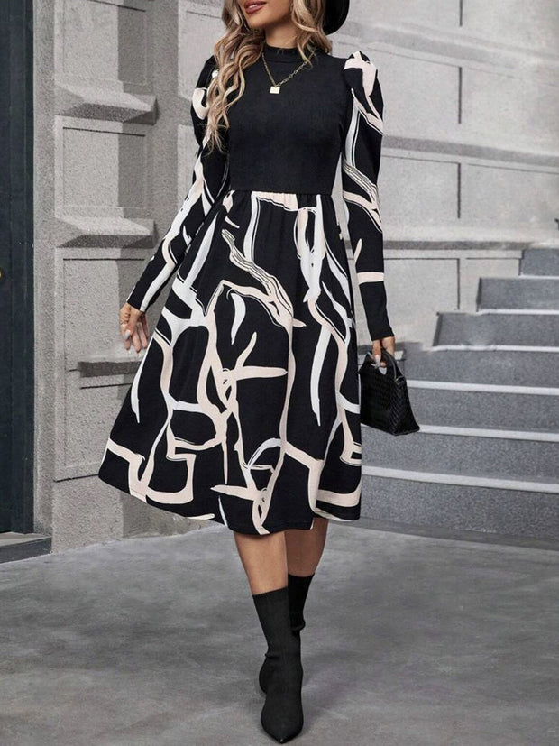 Printed Mock Neck Puff Sleeve Mini Dress