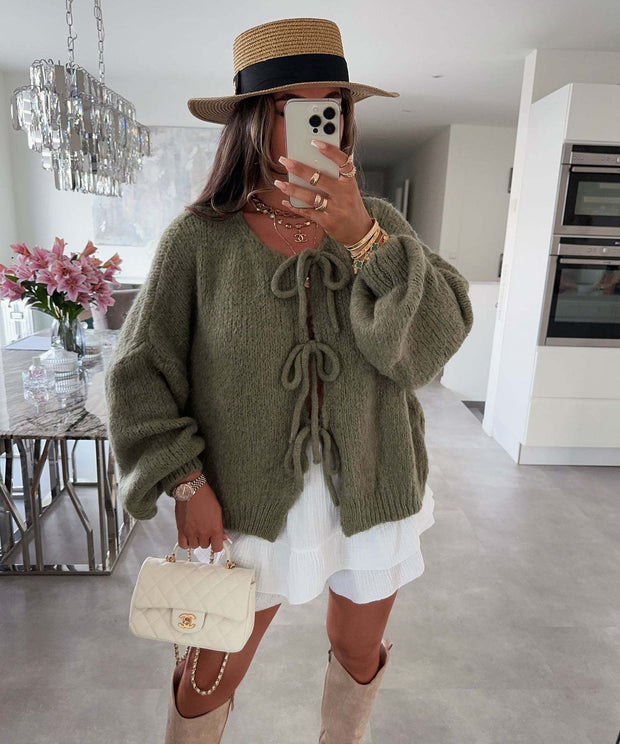 Round neck tie knitted cardigan jacket autumn and winter new style solid color commuting simple sweater for women