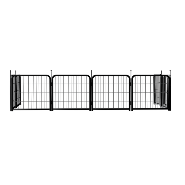 8-panel dog fence, 24 inch small dog pet fence, portable indoor pet game fence. Black, 22.2 inches wide x 23.6 inches high.