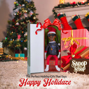 Resin doll peeks at bent Christmas elf doll, black felt doll Snoop on a Stoop