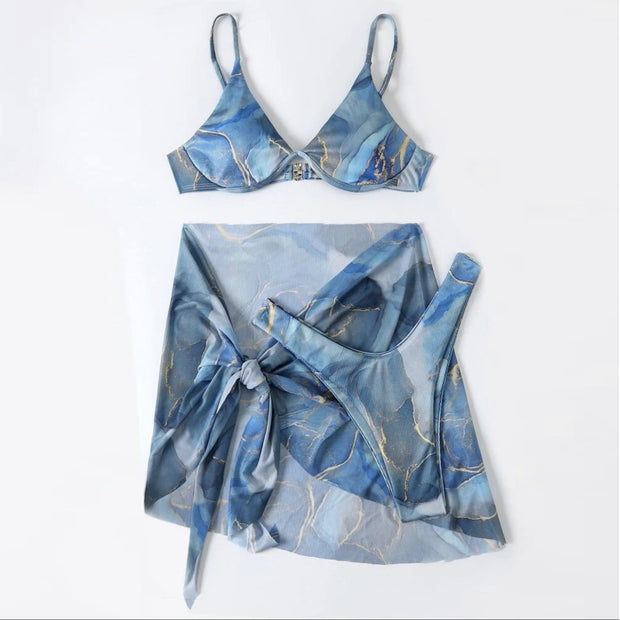 Ladies' swimsuit marble patterned three piece set sexy bikini