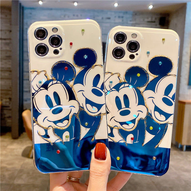 Blue light black-and-white Mickey is suitable for iPhone 12 / 11promax mobile phone case with flash drill and glue dropping