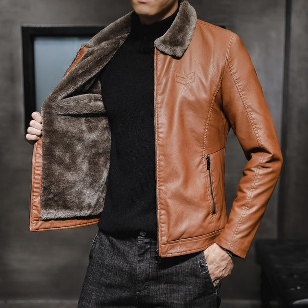 Autumn new men's leather jacket, men's leather jacket, lapel collar, middle-aged and elderly men's clothing, plus plush