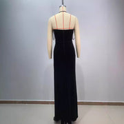 Fashionable backless neck hanging sexy strapless, diamond studded, slim fit, slit cut long, hip hugging dress for women