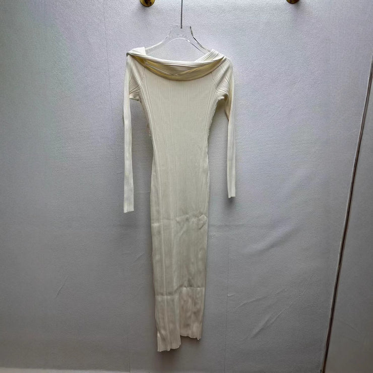 Autumn and winter new ivory white design long sleeved, hip hugging, one shoulder slim knit dress