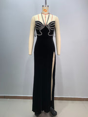 Fashionable backless neck hanging sexy strapless, diamond studded, slim fit, slit cut long, hip hugging dress for women