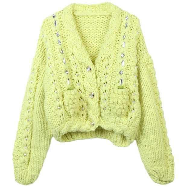 V-neck long sleeved hollow loose needle sweater knitted cardigan short