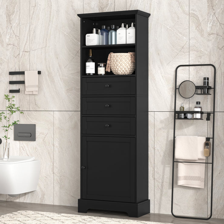 Black high storage cabinet with 3 drawers and adjustable shelves, MDF board painted