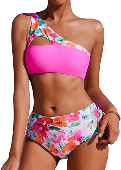 Split swimsuit bikini high waisted single shoulder double-sided plant printed swimsuit