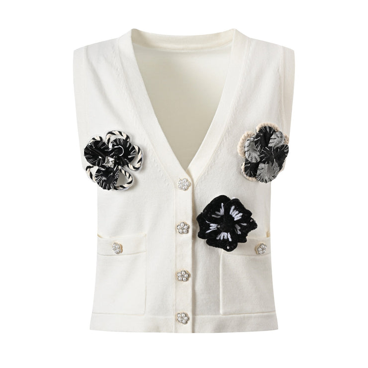 Three dimensional flower knitted sleeveless cardigan top fashionable and versatile vest