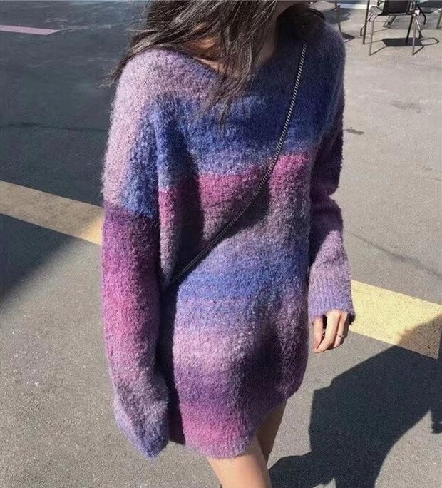 Gradient rainbow sweater women's pullover knit sweater for outerwear