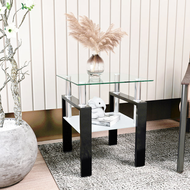 1-Piece Modern Tempered Glass Tea Table Coffee Table End Table, Square Table for Living Room, Transparent/Black