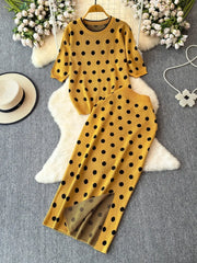 Korean Fashion Chic Summer Round Neck Polka Dot Short Sleeved Knitted Sweater + High Waisted Midi Skirt Women's Two-piece Set