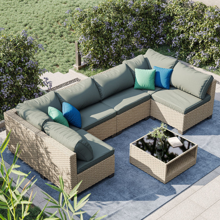 7-Piece Patio Furniture Set, All-Weather Boho Outdoor Conversation Set Sectional Sofa with Water Resistant Grey Thick Cushions