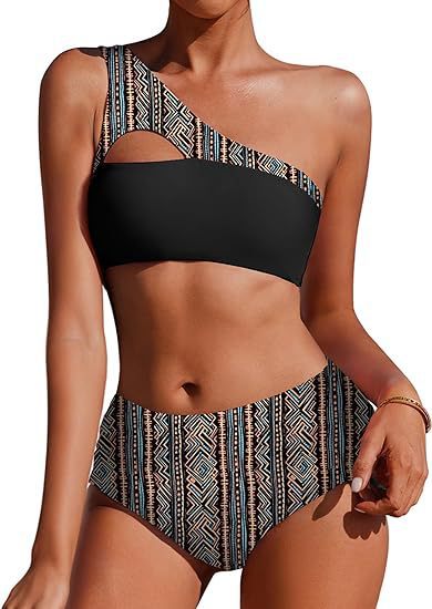 Split swimsuit bikini high waisted single shoulder double-sided plant printed swimsuit