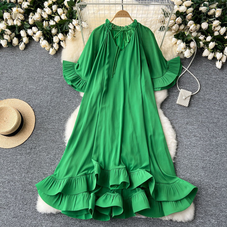 Palace style lotus leaf edge dress women's vacation dress formal dress long skirt