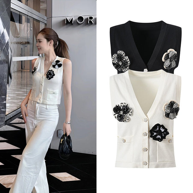 Three dimensional flower knitted sleeveless cardigan top fashionable and versatile vest