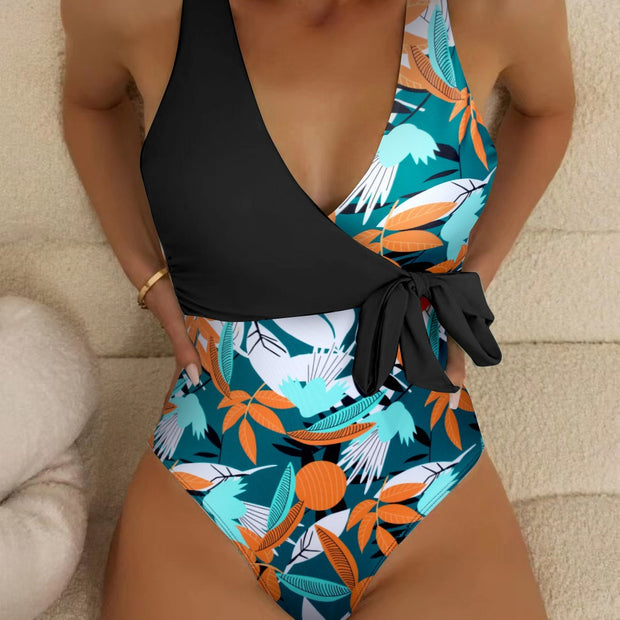 European and American women's one-piece swimsuit, color blocked swimsuit, foreign trade sexy cross holiday swimsuit