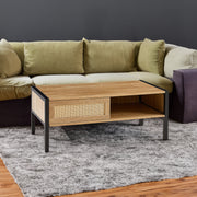 40.16" Rattan Coffee table, sliding door for storage, metal legs, Modern table for living room , natural