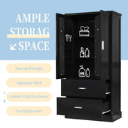 Tall Bathroom Storage Cabinet, Cabinet with Two Doors and Drawers, Adjustable Shelf, MDF Board, Black