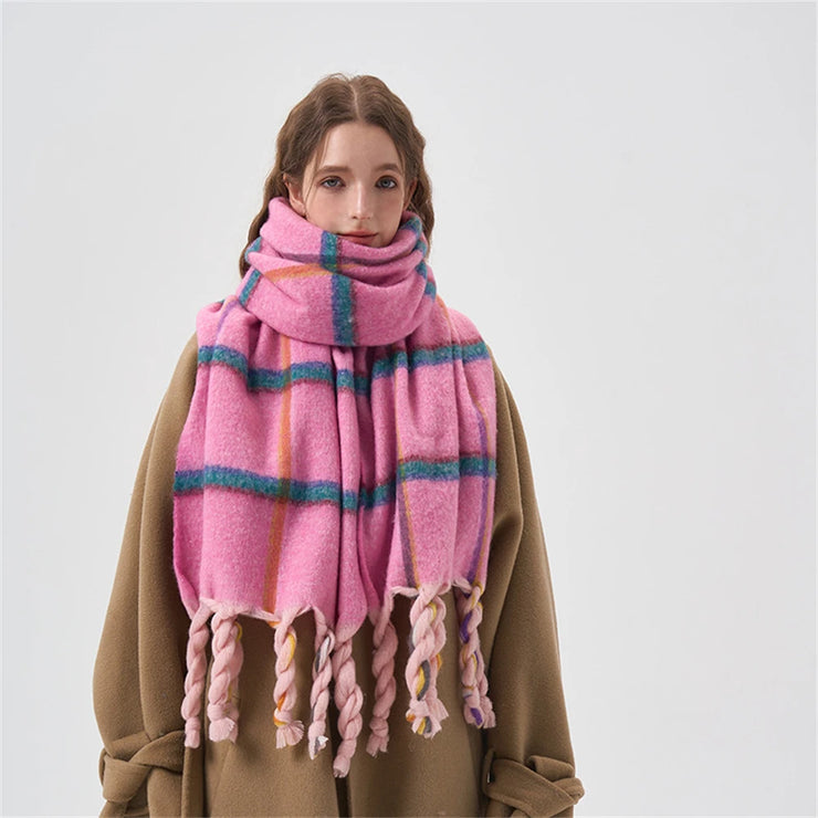 Handmade knotted tassel dopamine pink plaid scarf cold resistant thickened plaid student scarf shawl