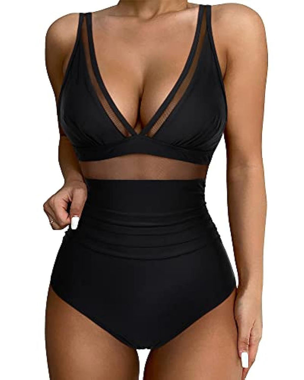 European and American high waisted one-piece swimsuit women's tight and sexy hollow swimsuit