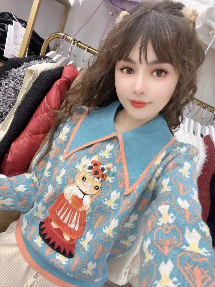 Embroidered Jacquard Knit Sweater Women Pullover Tops Spring Long Sleeve Turn-down Collar Elegant Vintage Stylish Jumpers