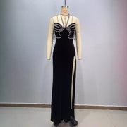 Fashionable backless neck hanging sexy strapless, diamond studded, slim fit, slit cut long, hip hugging dress for women