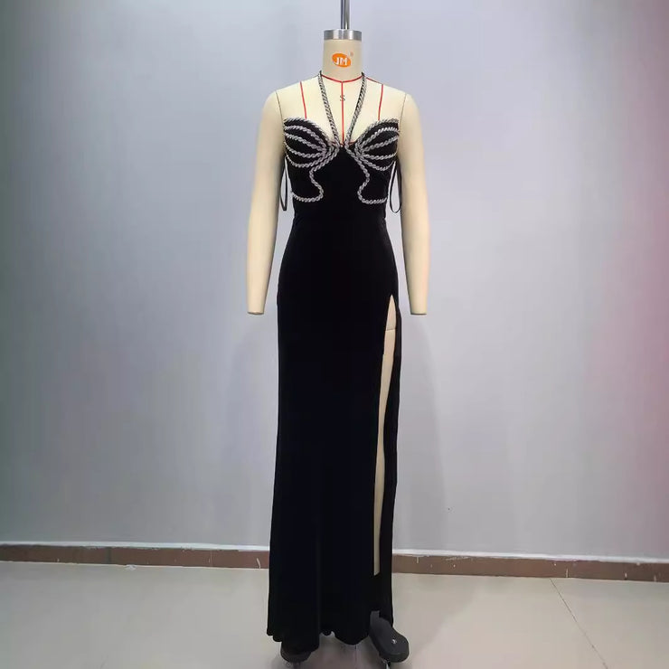 Fashionable backless neck hanging sexy strapless, diamond studded, slim fit, slit cut long, hip hugging dress for women