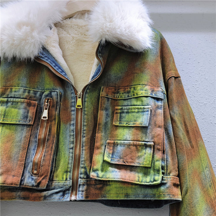 Hand drawn woolen collar denim jacket by Heavy Industry women's American style spicy girl with fleece short denim jacket