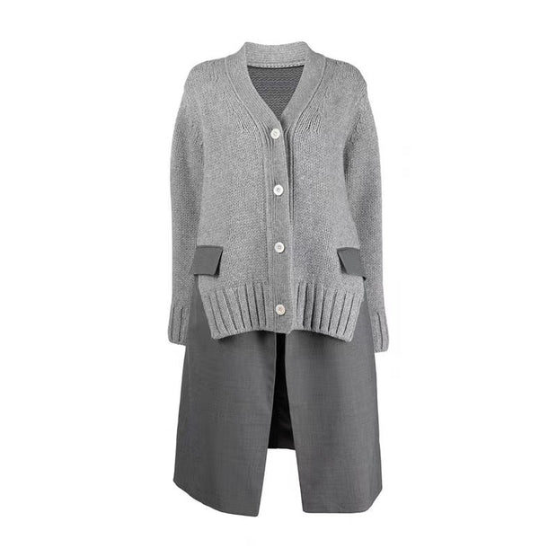 Knitted patchwork suit fake two piece V-neck cardigan long coat dress