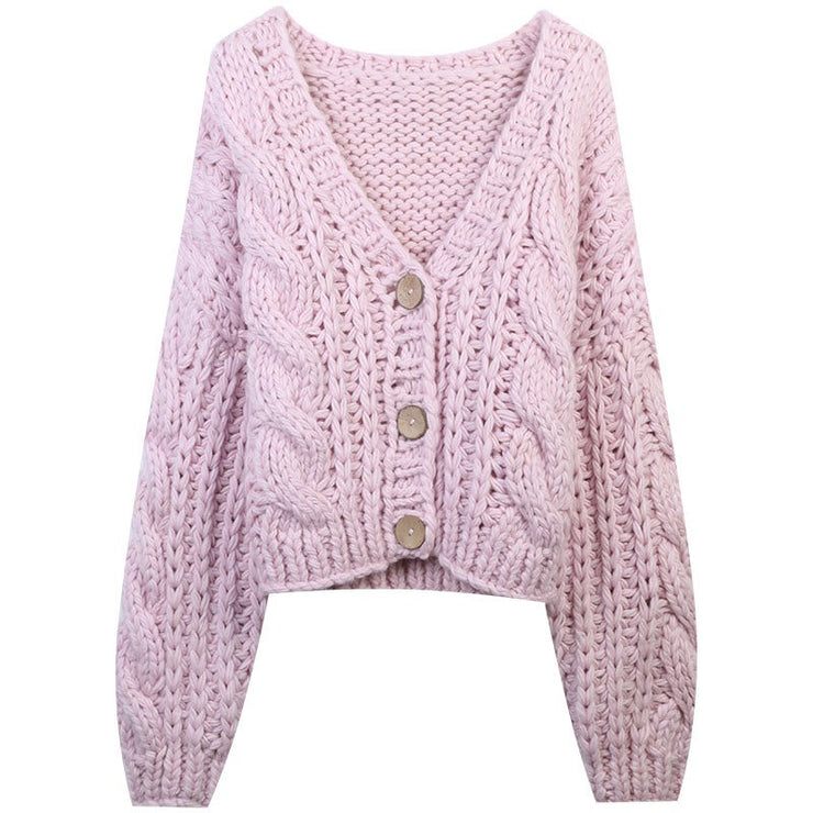 Long sleeved V-neck single breasted loose soft and sticky knitted cardigan jacket