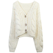 Long sleeved V-neck single breasted loose soft and sticky knitted cardigan jacket