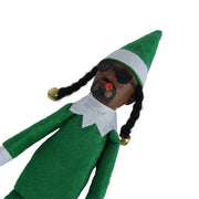 Resin doll peeks at bent Christmas elf doll, black felt doll Snoop on a Stoop