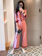 Two piece set of casual sports small fragrance pink knitted wide leg pants