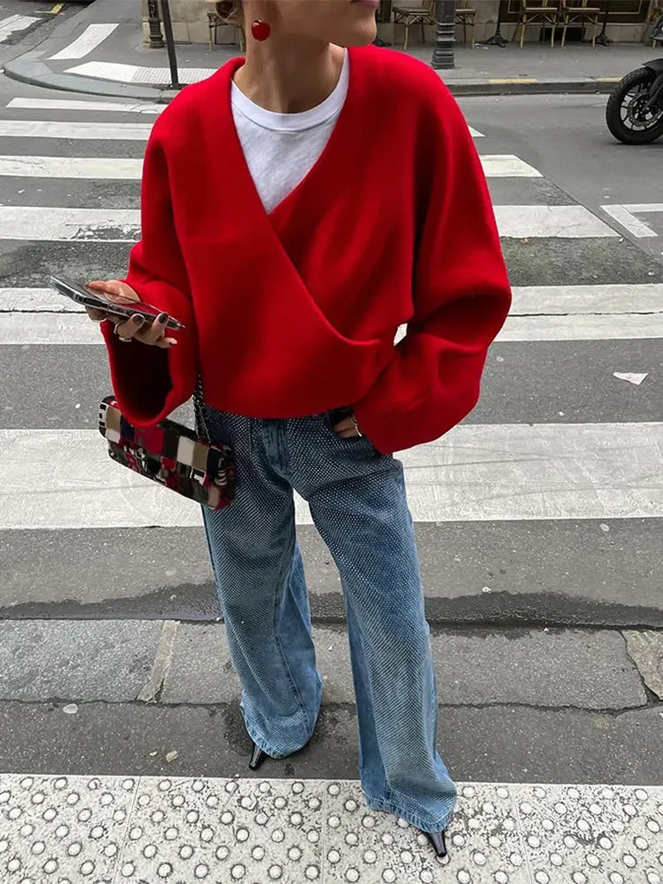 Vintage Red Women's Loose Pullover Sweater Casual V Neck Long Sleeves Short Jumper Top  Female Party Elegant Knitwear - Follow yourDream