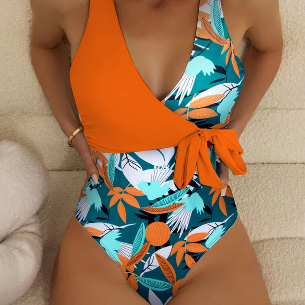 European and American women's one-piece swimsuit, color blocked swimsuit, foreign trade sexy cross holiday swimsuit