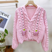 Pink three-dimensional strawberry hand woven rod needle nail bead loose sweater top jacket for women