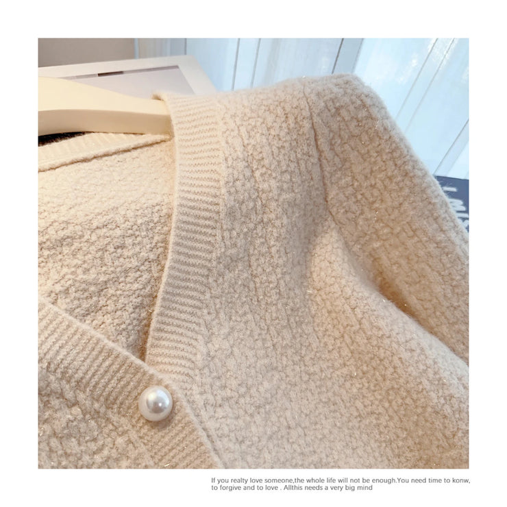 Stylish Elegant Thicken Knit Cardigan Sweater Women Pearl Buttons V-neck Long Sleeve Knitwear Tops   Spring Fashion Jumpers