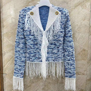 Trendy women's blue and white tassel cardigan jacket paired with knitted top for women's age reduction