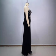 Fashionable backless neck hanging sexy strapless, diamond studded, slim fit, slit cut long, hip hugging dress for women