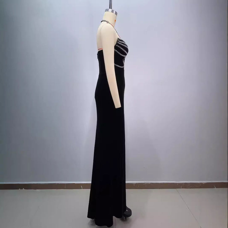 Fashionable backless neck hanging sexy strapless, diamond studded, slim fit, slit cut long, hip hugging dress for women